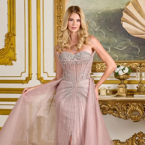 New Dusty Rose Strapless Tulle Gown w/ Beaded Boned Bodice & Leg Slit GL3668 - Picture 1 of 13